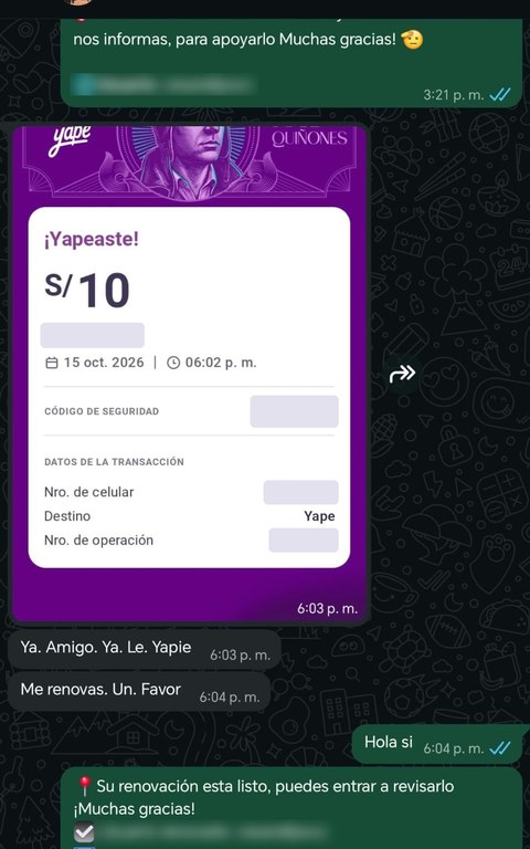 Conversación real de un cliente que renueva con Yape, datos personales ocultos