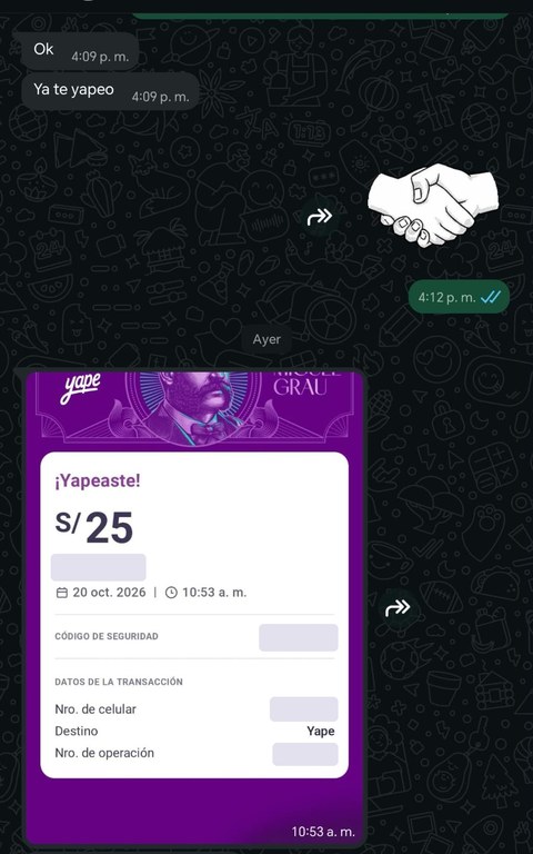 Conversación real de un cliente que paga con Yape, datos personales ocultos