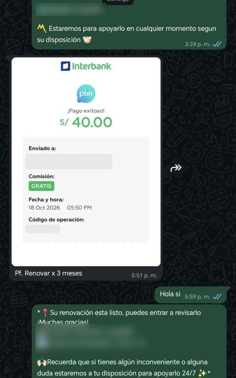 Conversación real de un cliente que renueva con Plin, datos personales ocultos